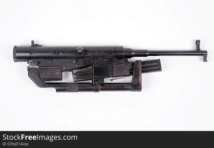 9mm Hotchkiss Universal SMG in its compact folded position. The Universal SMG saw limted service in Indochina (Vietnam) and Algeria. 9mm Hotchkiss Universal SMG in its compact folded position. The Universal SMG saw limted service in Indochina (Vietnam) and Algeria.