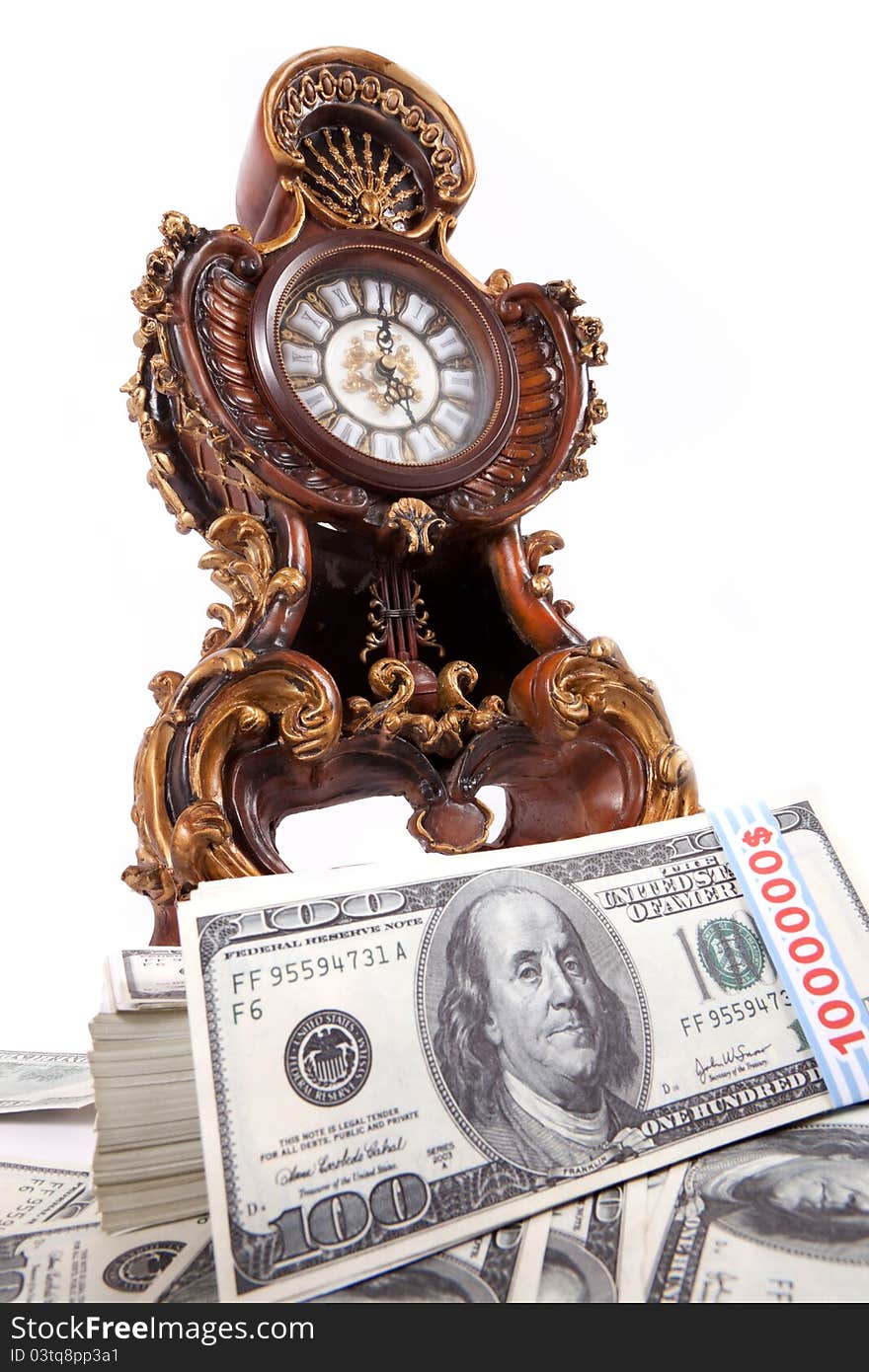 Time is Money with old clock and 100 dollars bills, Earn money, Making money. Time is Money with old clock and 100 dollars bills, Earn money, Making money