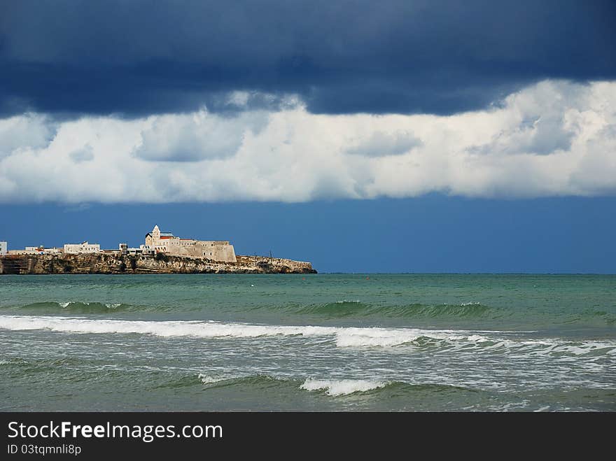 A storm on the sea town of Vieste, Gargano, Italy