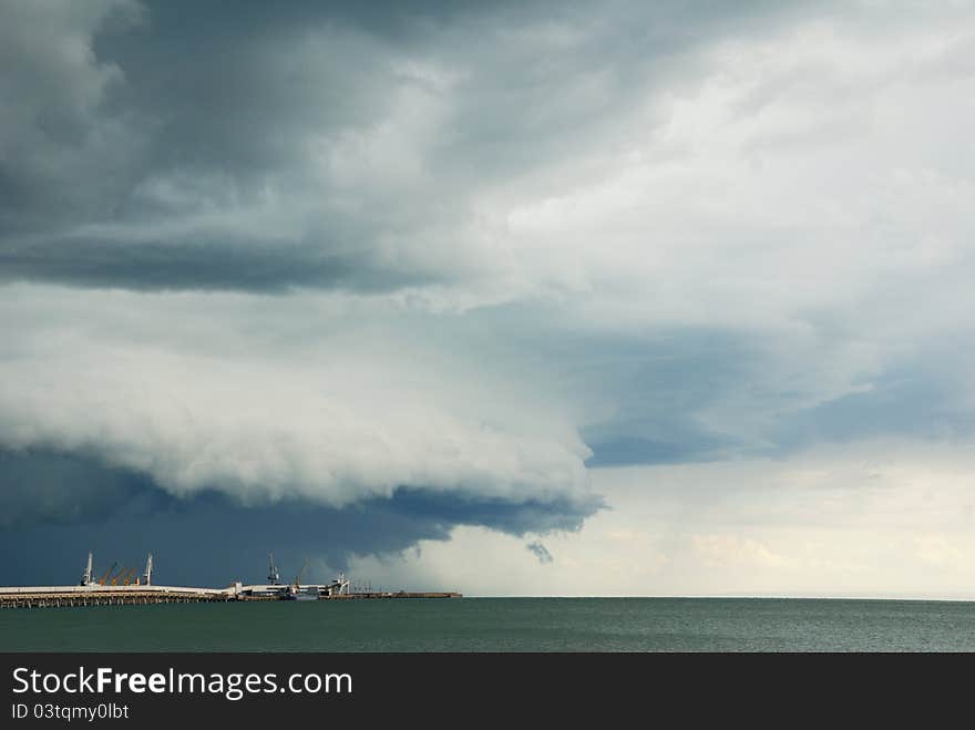 Big thunderstorm on the commercial port of Manfredonia, Italy