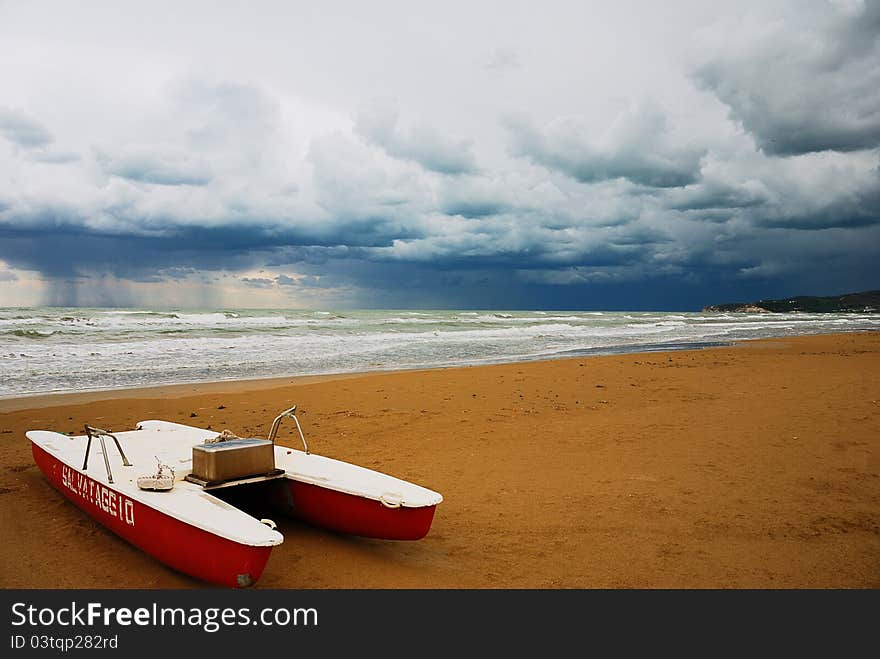 rescue boat on the beach after a sea storm