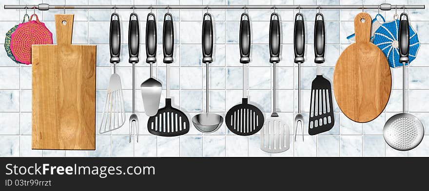 Illustration with kitchen utensils hanging on steel pole on a marble background. Illustration with kitchen utensils hanging on steel pole on a marble background