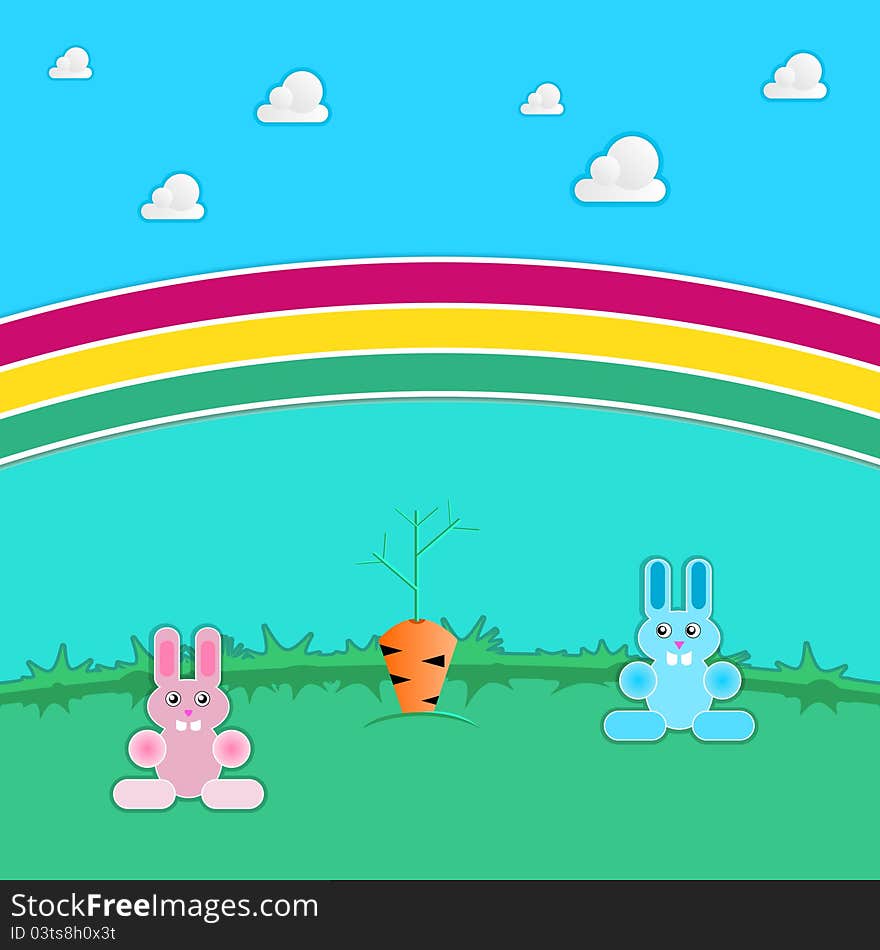 Two rabbits in a meadow under a rainbow