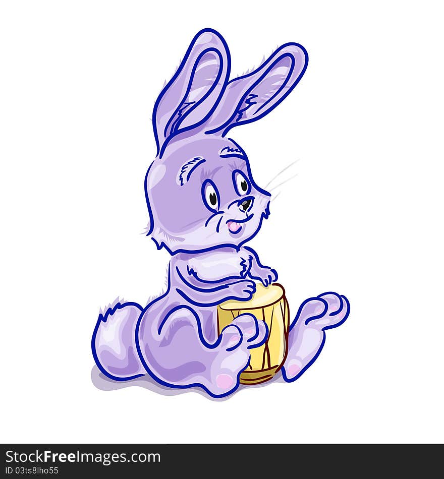 Cute fluffy purple rabbit with a drum