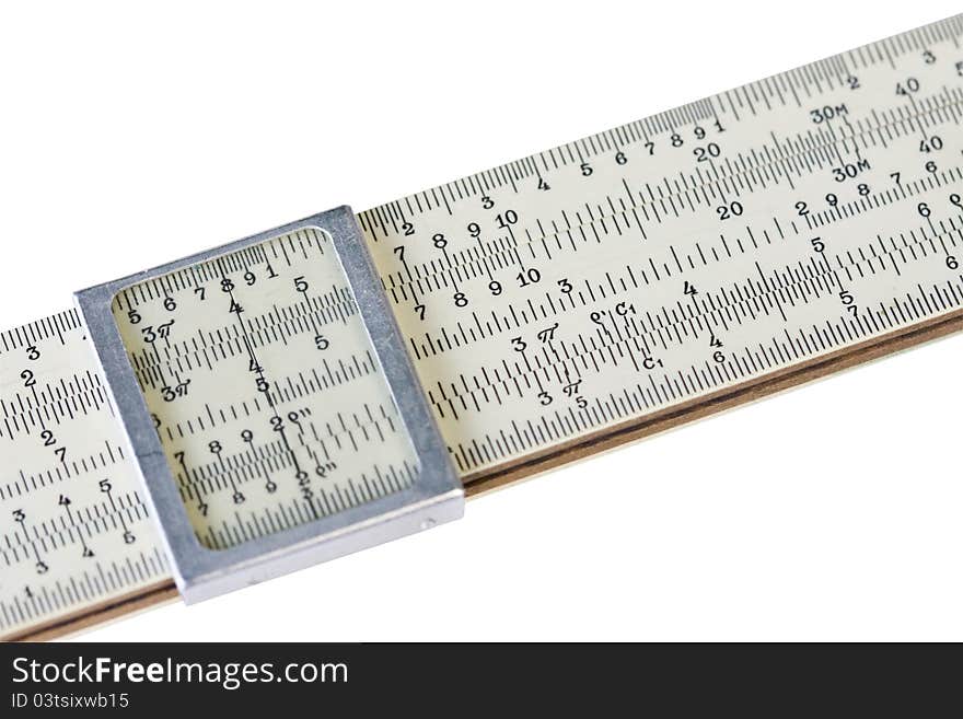 Old scale logarithmic ruler on white. Old scale logarithmic ruler on white