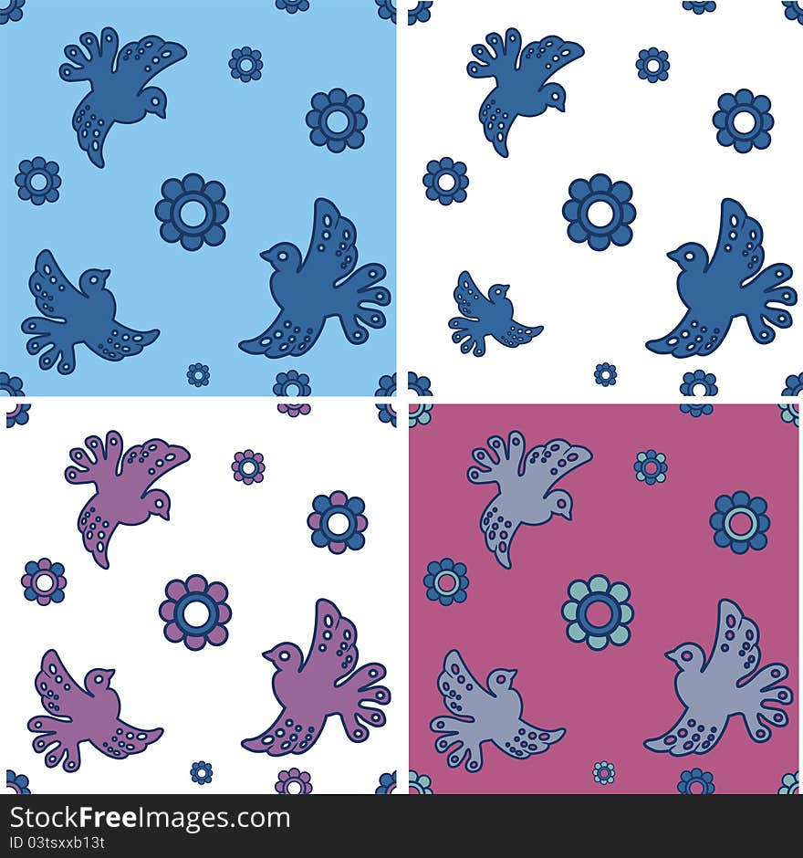 Set of seamless patterns  with stylized doves. Vector illustration