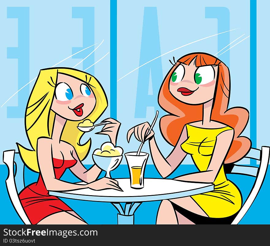 In the illustration, two beautiful girls at a table in a cafe.They talk, drink juice and eat ice cream.Illustration done in cartoon style. In the illustration, two beautiful girls at a table in a cafe.They talk, drink juice and eat ice cream.Illustration done in cartoon style.