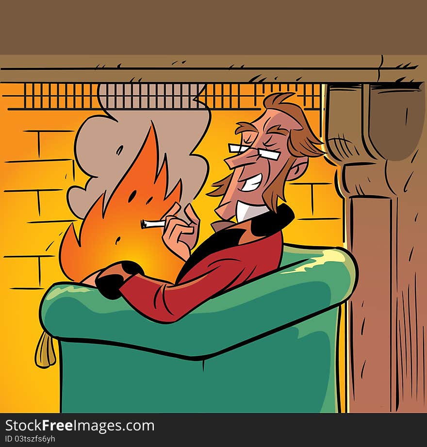 The illustration represented a man who sits in a chair by the fire.Illustration done in the style of comics. The illustration represented a man who sits in a chair by the fire.Illustration done in the style of comics.