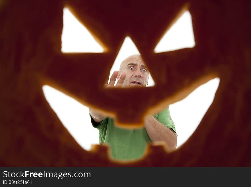 Halloween pumpkin seen from inside as background