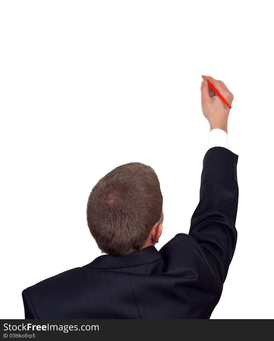 Young businessman wrote in red pencil on a white background