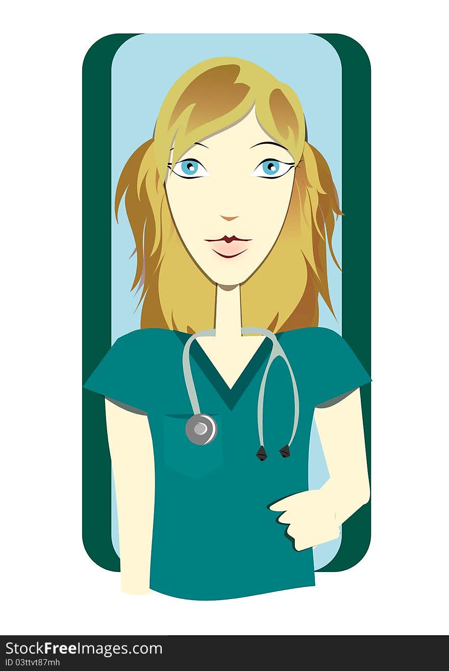 Blonde girl wearing scrubs and a stethoscope. Blonde girl wearing scrubs and a stethoscope