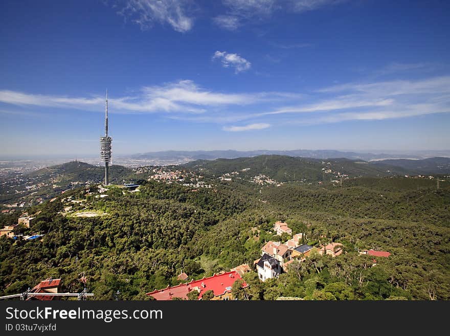 Landscape of Barcelona, view to the television tower fron Tibidabo area.