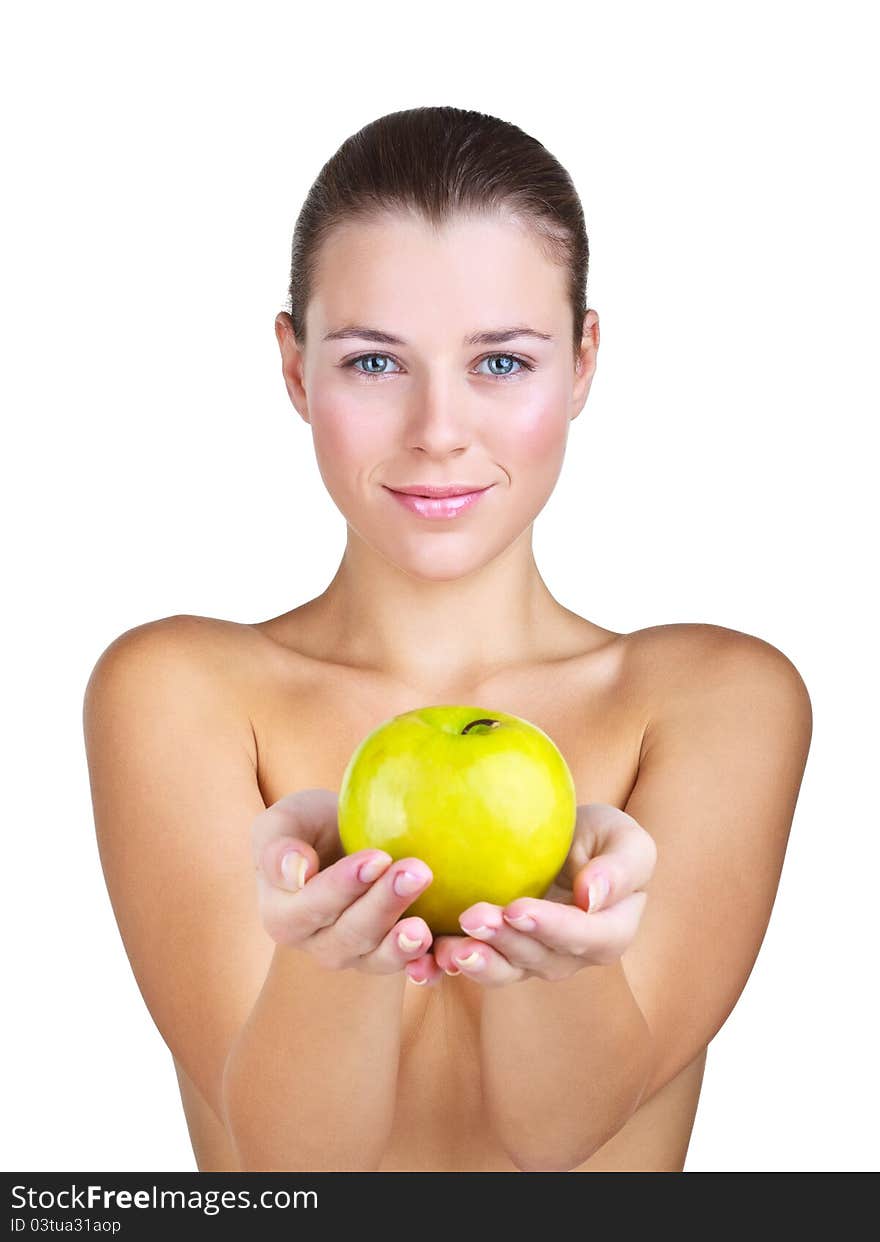 Woman holding apple in front of, isolated on white background