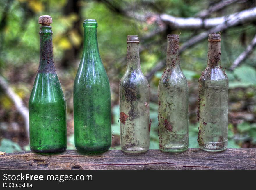 Bottles on a fallen tree in the forest