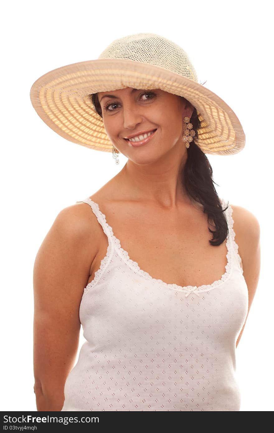 Happy woman in straw hat isolated on white background. Happy woman in straw hat isolated on white background.