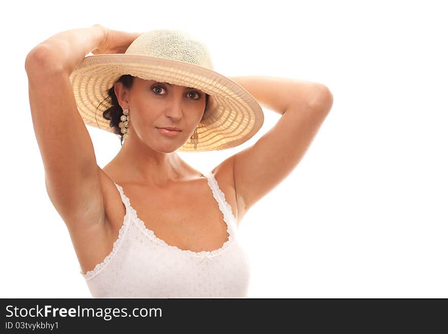 Italian woman in straw hat isolated on white background. Italian woman in straw hat isolated on white background.