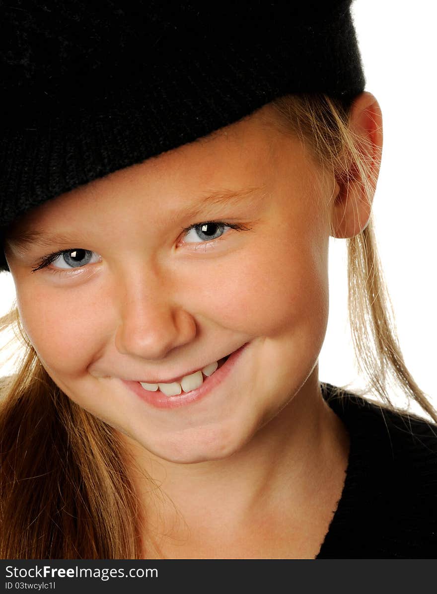 Beautiful happy girl with black hat , portrait, isolated on white. Beautiful happy girl with black hat , portrait, isolated on white