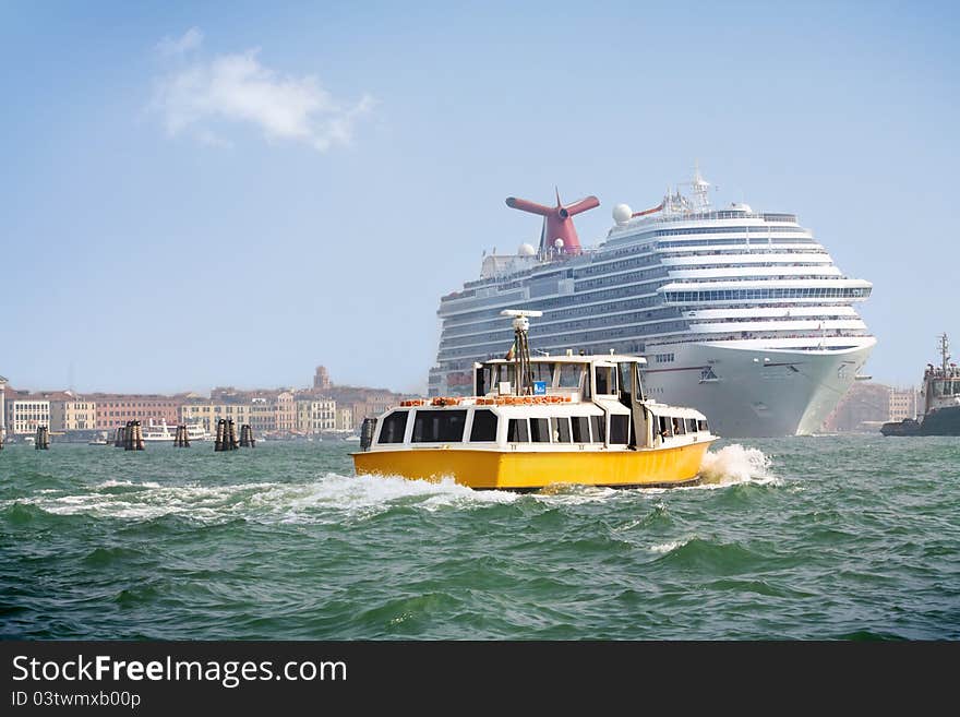 Boat and Cruise Ship in Venice lagoon