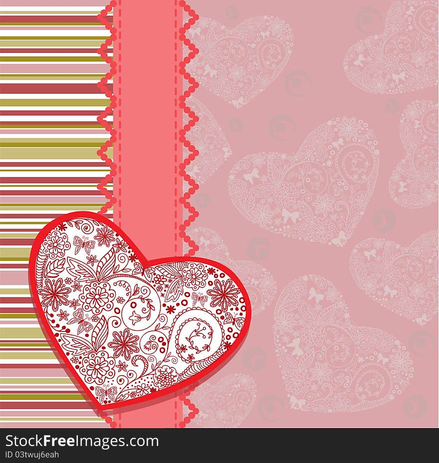Postcard with an openwork heart on a striped background. Postcard with an openwork heart on a striped background