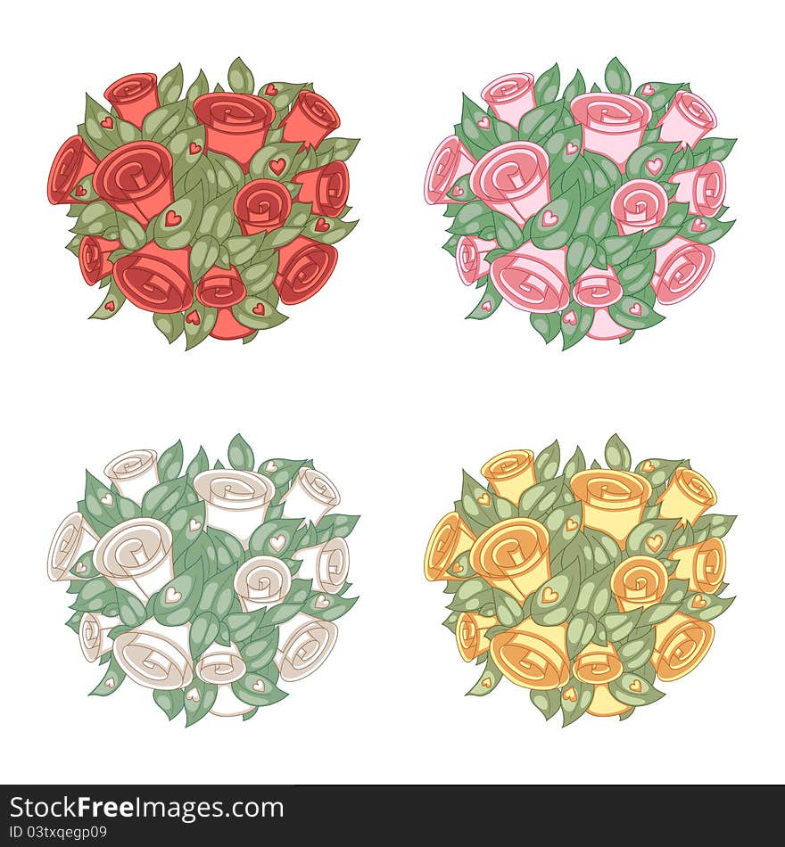 Bouquet of roses in four color variations. Vector illustration. Bouquet of roses in four color variations. Vector illustration.