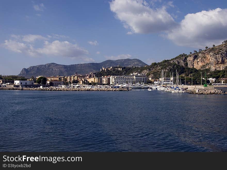 Terracina's port, landscape and background mountain.