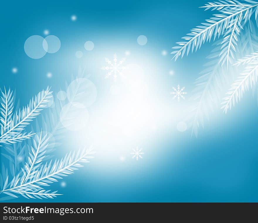 Pine tree branches on blue snowy sky. Pine tree branches on blue snowy sky