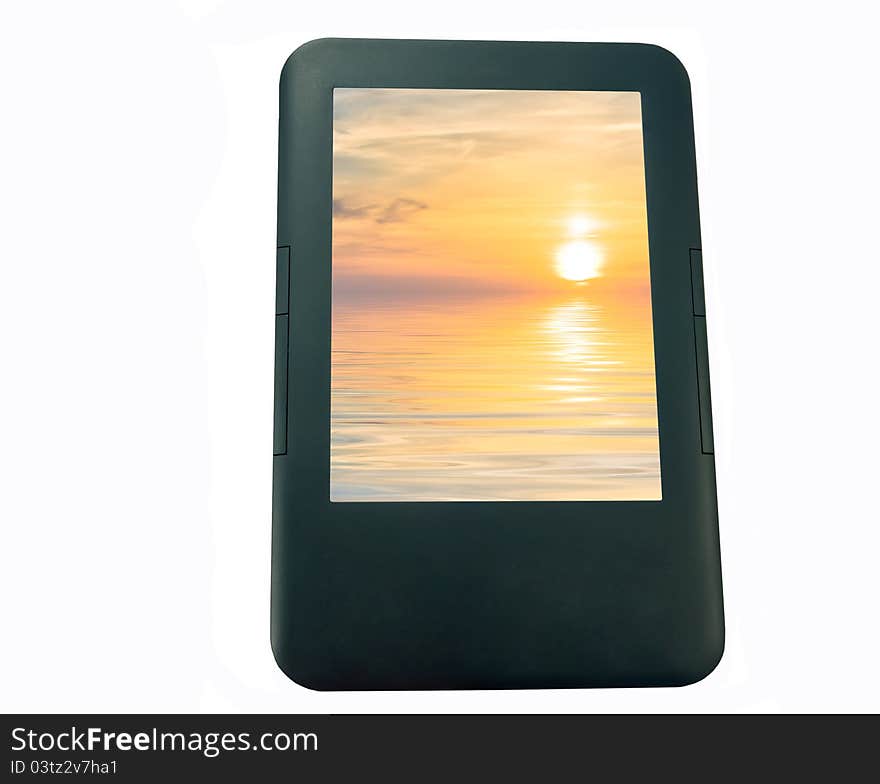 E-book with a color screen on the sunset