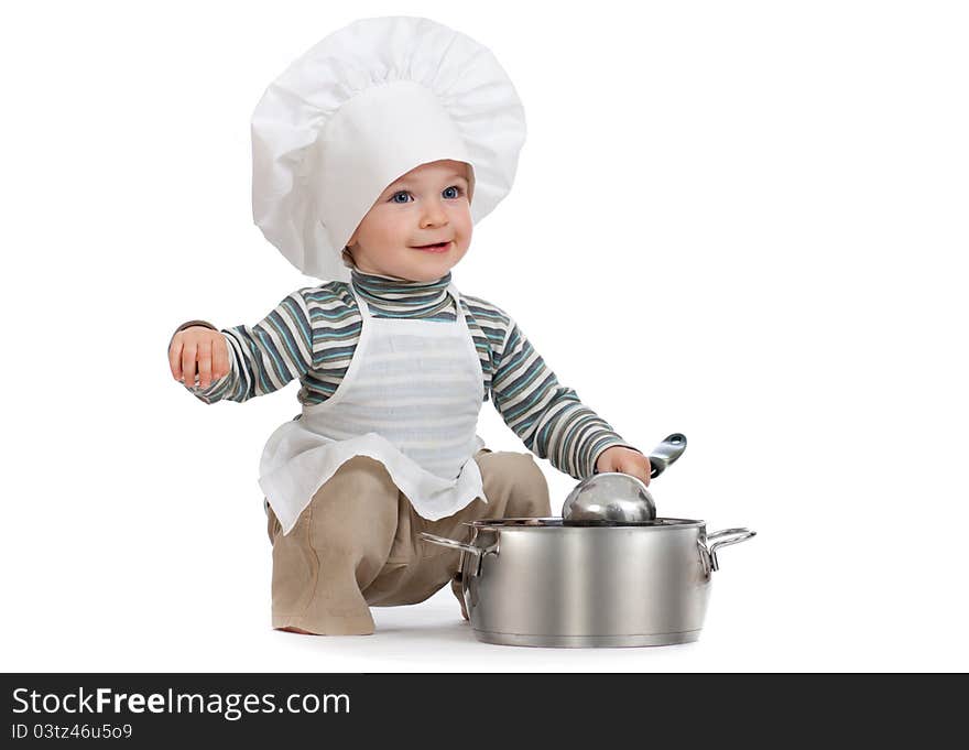 Kitchen boy with pan isolated on white