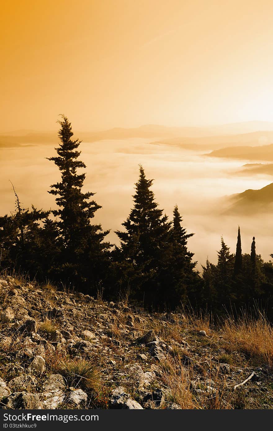 Panorama on the valley covered by the fog at sunrise. Panorama on the valley covered by the fog at sunrise