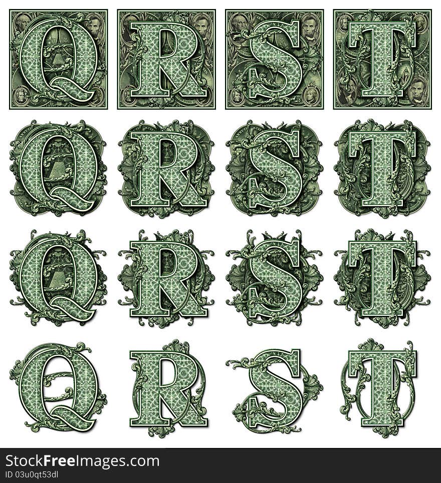 Photo-Illustration using parts of U.S. currency bills retouched and re-illustrated to create a new Money-themed alphabet. Seven total files can be downloaded to get a complete set. Photo-Illustration using parts of U.S. currency bills retouched and re-illustrated to create a new Money-themed alphabet. Seven total files can be downloaded to get a complete set.