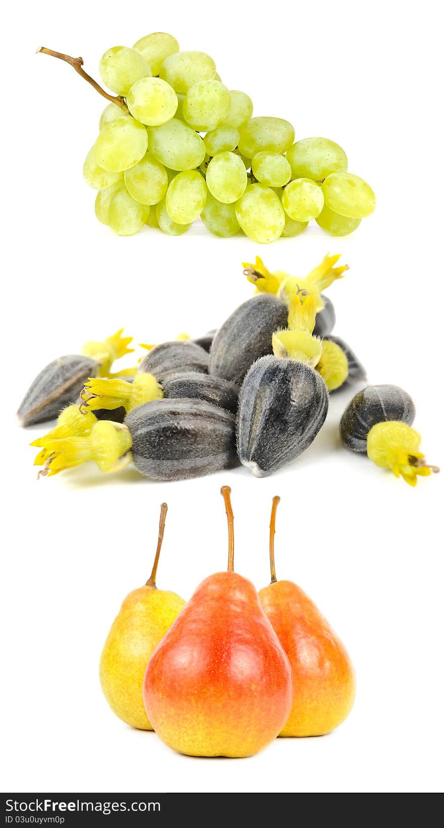 White grapes, sunflower seeds and pears on a white background