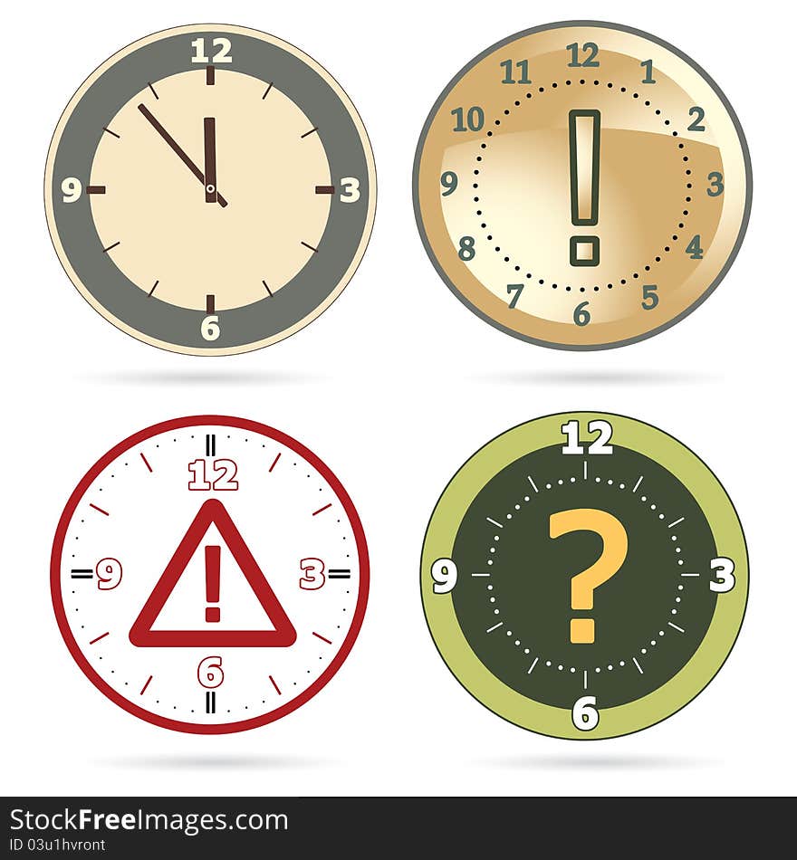 Clock set with question, exclamation marks and warning sign instead of clock hands