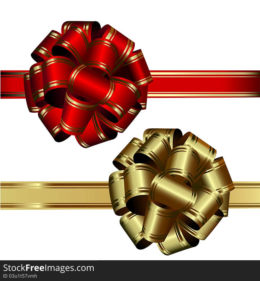 Set of two vector bows: red and gold, on a white background. Set of two vector bows: red and gold, on a white background