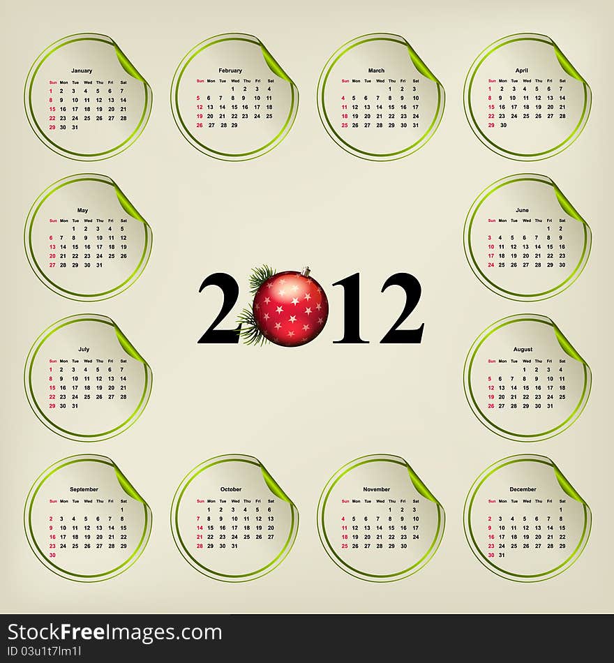 New Year's vector calendar, weeks are located on round stickers. New Year's vector calendar, weeks are located on round stickers