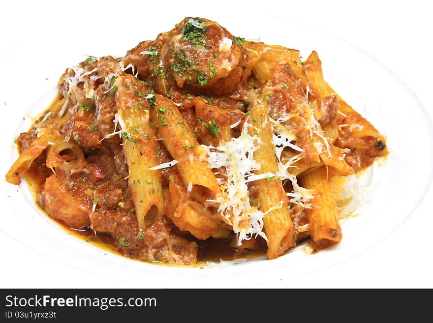 Penne italian pasta with tomato sauce and parmesan cheese