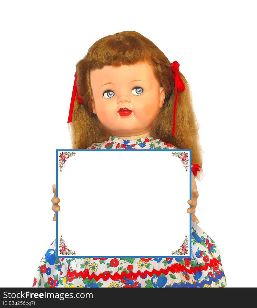 Vintage girl doll holding a blank sign for fill-in. Isolated on white. Vintage girl doll holding a blank sign for fill-in. Isolated on white.