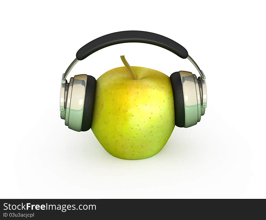 Green apple in which headphones are connected. Green apple in which headphones are connected