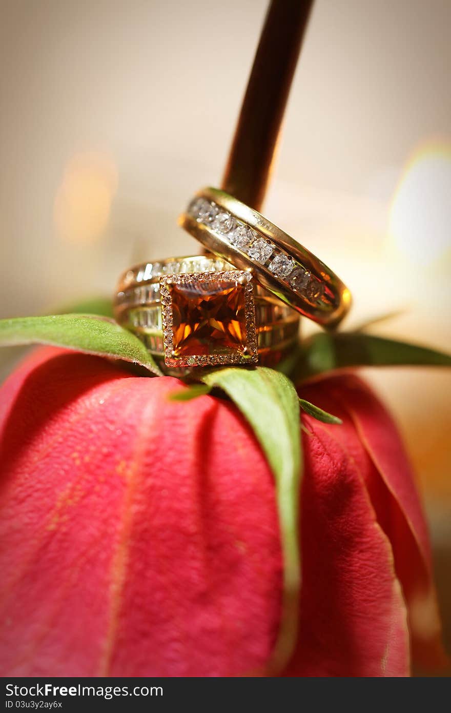 Bride and grooms rings on red rose, on glass table, close up on rings. Candles in background. Bride and grooms rings on red rose, on glass table, close up on rings. Candles in background.