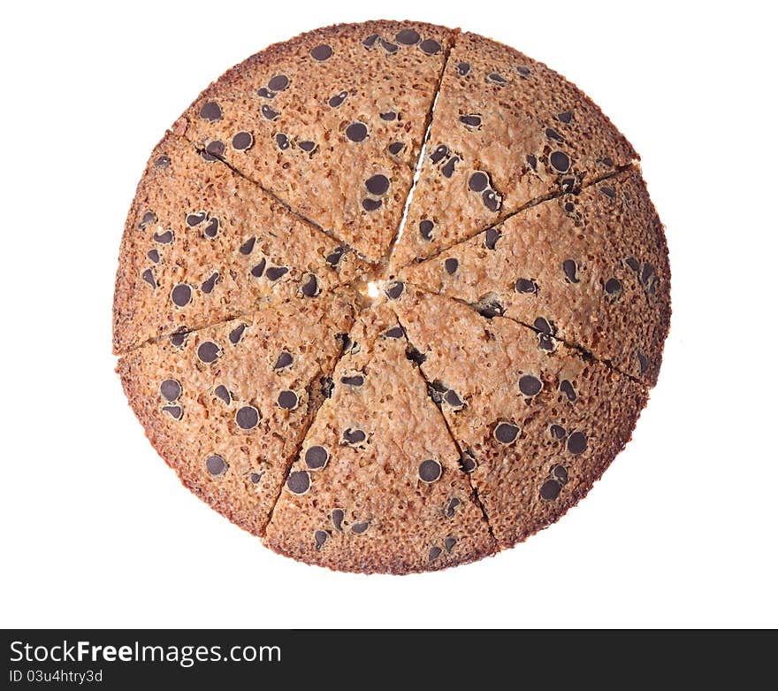 Upper view of a sliced round French cake with chocolate, isolated against a white background. Upper view of a sliced round French cake with chocolate, isolated against a white background.