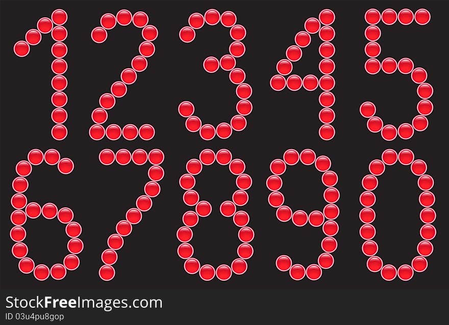 Collection numbers of red glossy buttons. Collection numbers of red glossy buttons