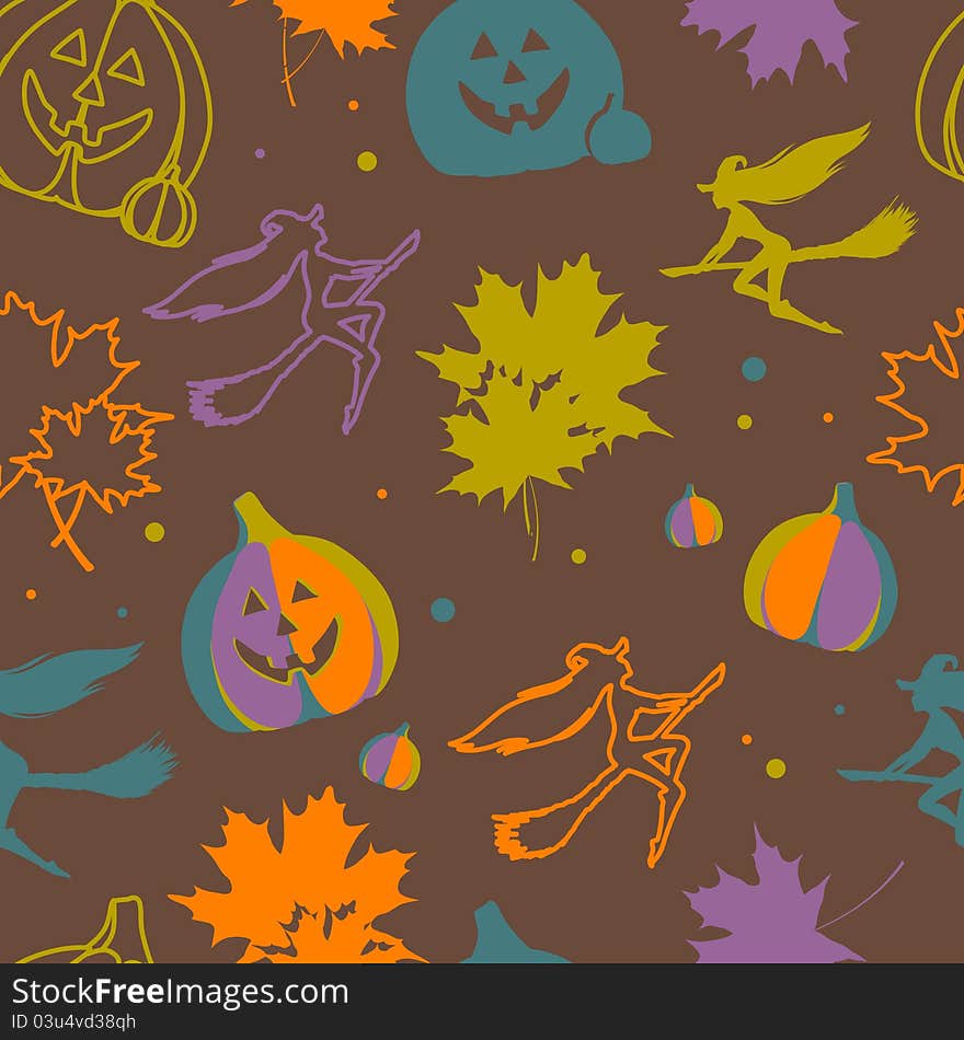 Halloween seamless pattern with pumpkins, witches, leaves