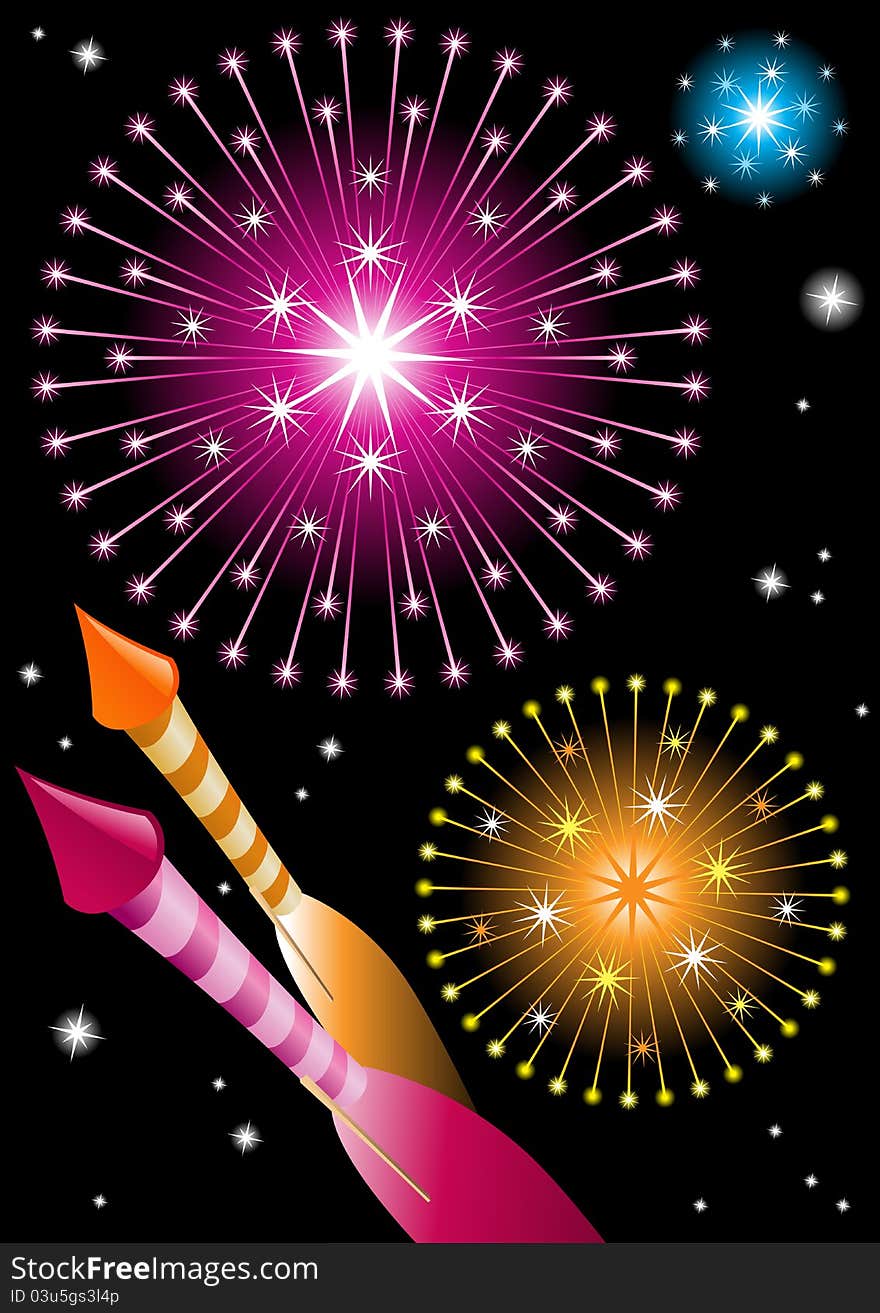 Vector illustration of fireworks and explosions in the night sky.