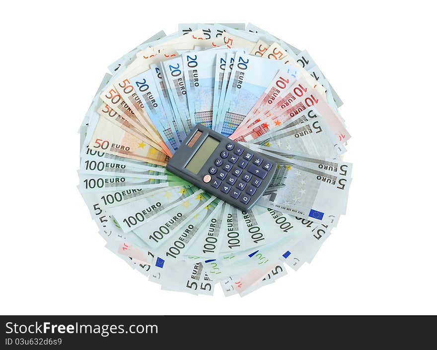 Profit concept. Calculator lying on lot of european union currency. Profit concept. Calculator lying on lot of european union currency