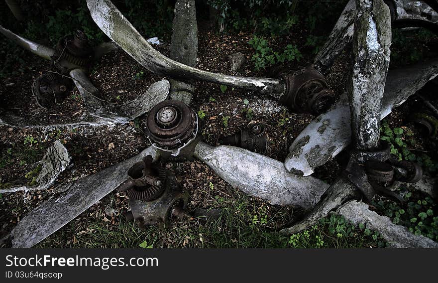 Old and bent propellers from crashed wartime aircraft. Old and bent propellers from crashed wartime aircraft