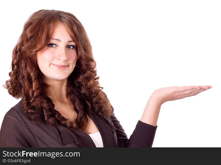 Beautiful woman showing something on the palm of her hand