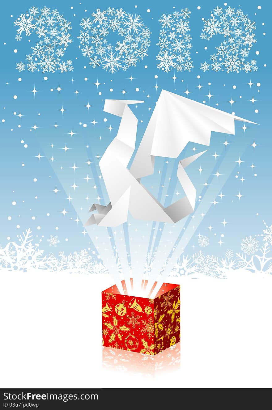 Christmas card with a dragon flying out of gift box, element for design, vector illustration. Christmas card with a dragon flying out of gift box, element for design, vector illustration