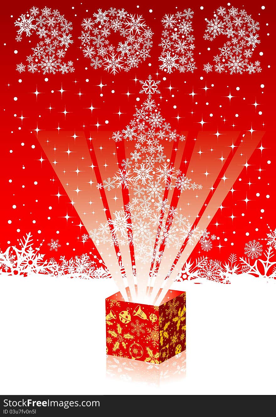 Christmas background with tree and gift box, element for design, vector illustration