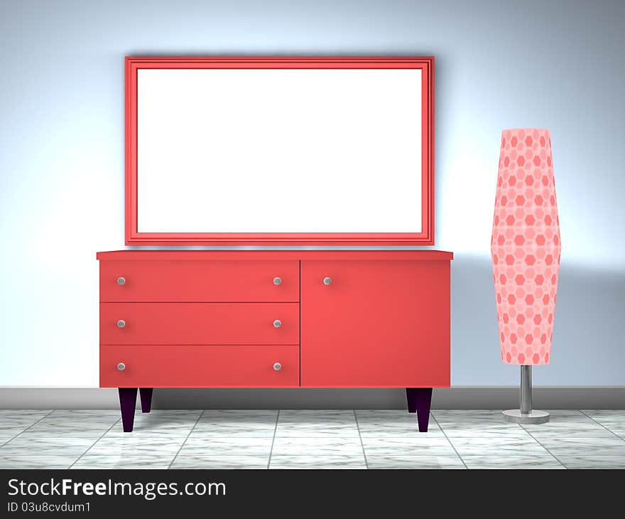 3d red furniture with lamp