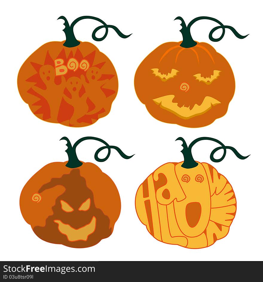 A set of Halloween pumpkins with bats, ghosts and the word Halloween with Dreamstime logo