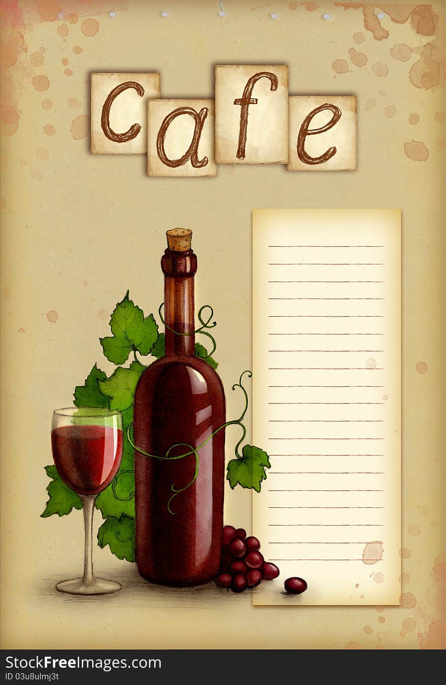 Illustration of bottle and glass of wine